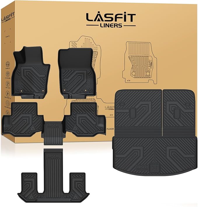 LASFIT Floor Mats & Backrest Mats & Cargo Mats for Mazda CX-90/CX-90 PHEV 2025 2024 7 Seats with 2nd Row Bucket Seats, All Weather TPE Custom Fit Floor Liners for CX-90/CX-90 PHEV Car Mats