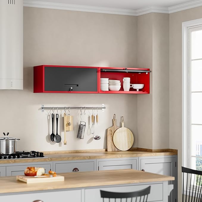 Yizosh Metal Wall Cabinet with Doors, Wall Mounted Storage Cabinet, Floating Tool Cabinet for Kitchen, Basement, Warehouse (Red Black, 13.7" H)