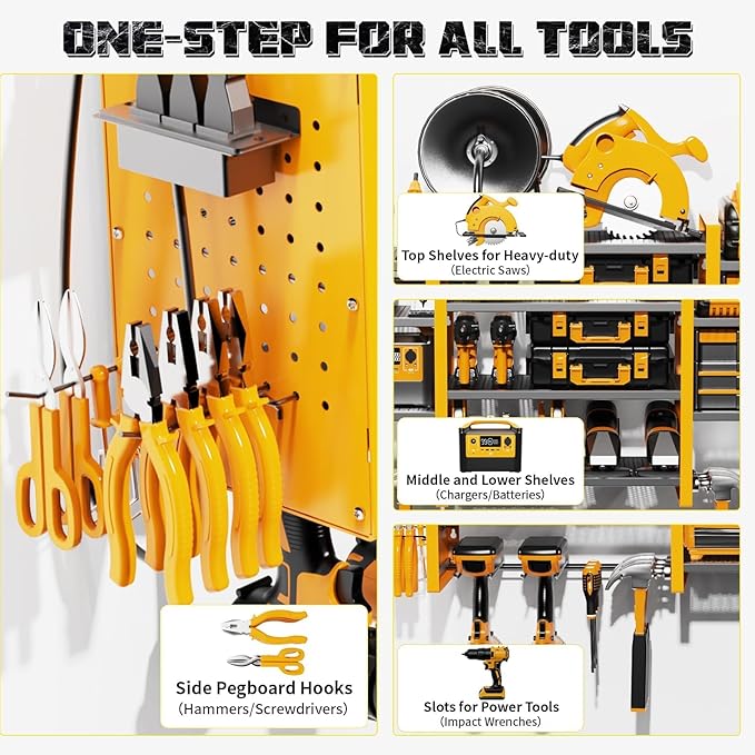 Power Tool Organizer with Charging Station Wall Mount, 3 Layer Expanded Heavy Duty Garage Organization, 48.8 Inch Length Garage Tool Storage, 4 Drill Slot, 16" Standard Hole, Yellow
