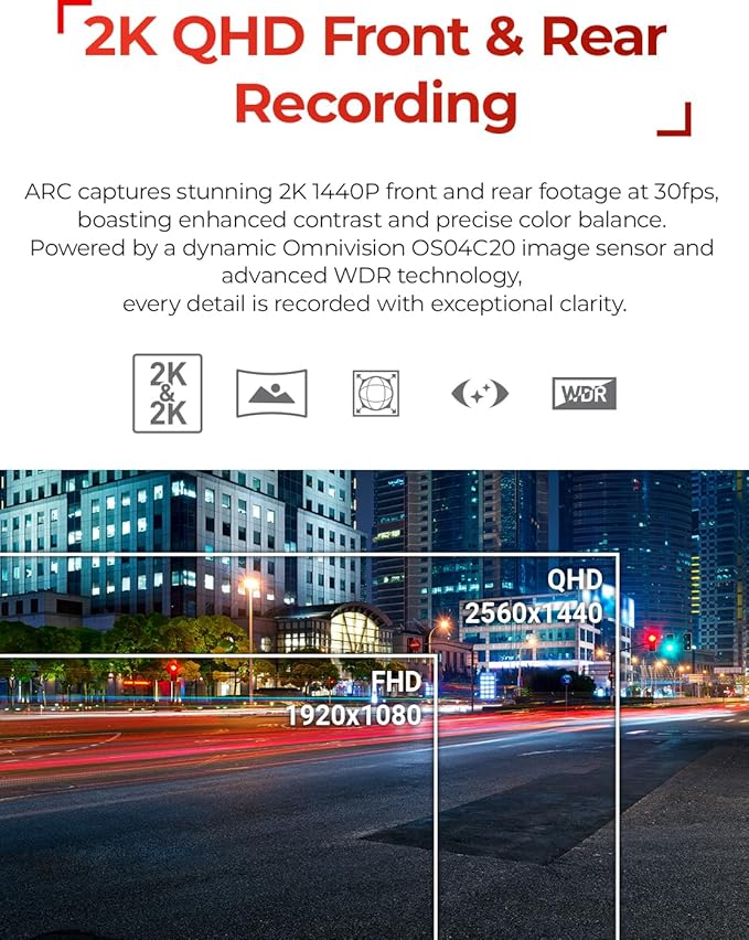 THINKWARE ARC Dash Cam with Smart Driving Alert System, 3X Energy Saving, 1440P+1440P Front and Rear, Wi-Fi, Super Night Vision, 24/7 Parking Mode (Free 32GB Card, Hardwiring, 12V Cable, GPS)