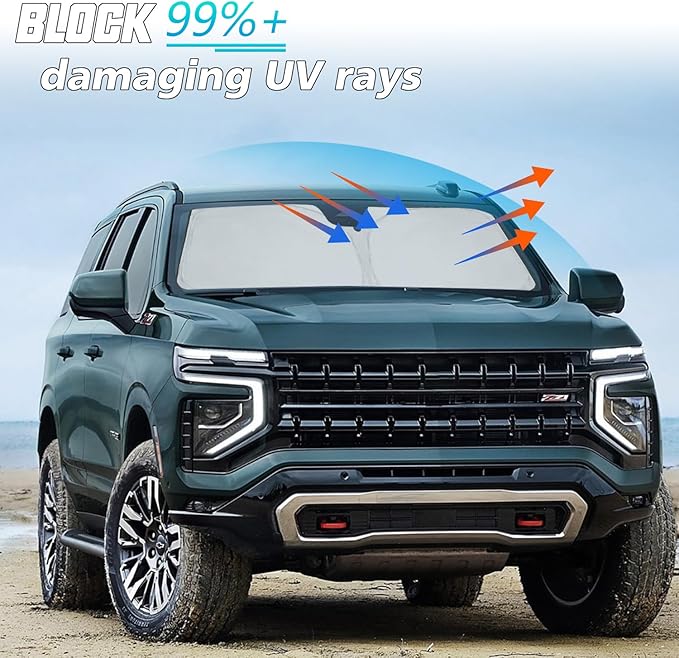 ROCCS Windshield Sunshade UV Ray Reflector Compatible with Chevy Tahoe GMC Yukon 2021-2025 Front Window Sun Shade Shield Cover Foldable Reflective Sun Visor