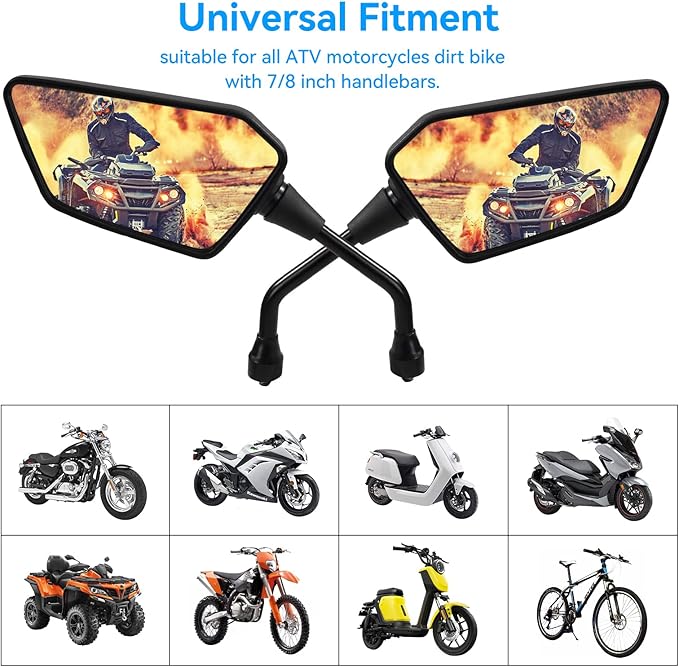 ATV Mirror, Side Rearview Mirrors for Bike Motorcycle ATV Scooter Cruiser with 8mm 10mm Bolt, 7/8" Handle Bar Mount Clamp Compatible with Suzuki Yamaha Honda Kawasaki Victory and More