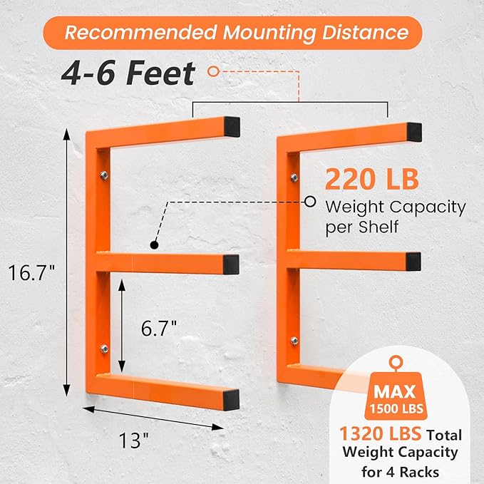 4 Pack Wood Organizer and Lumber Storage Rack Wall Mount, Heavy Duty Wood Storage Organizer Racks with 3-Level System for Garage, Workshop, Basement, Holds Up 220 LBS Per Level (Orange)