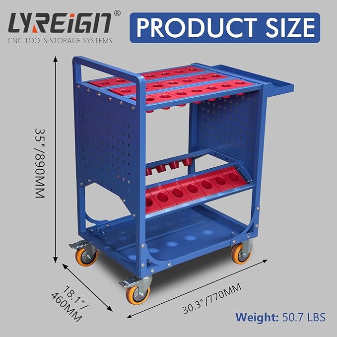 Blue Classic 50 Taper CNC Tool Holder Transfer Cart, 25 Capacity CAT/BT50 Service Carts with Wheels Heavy Duty, Multi-Function Workshop CNC Tool Trolley