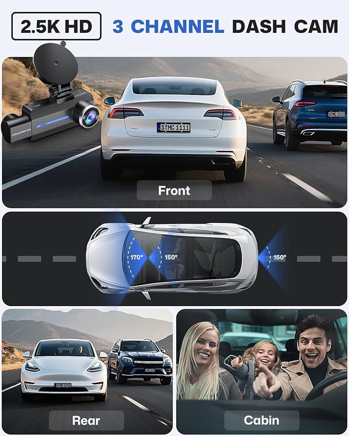 Dash Cam Front and Rear 2.5K/1440P, 3 Channel Dash Camera for Cars Dash Cam Front Rear and Inside with 32GB Card, 3.16" IPS Screen, G-Sensor, Loop Recording, Night Vision, Parking Mode
