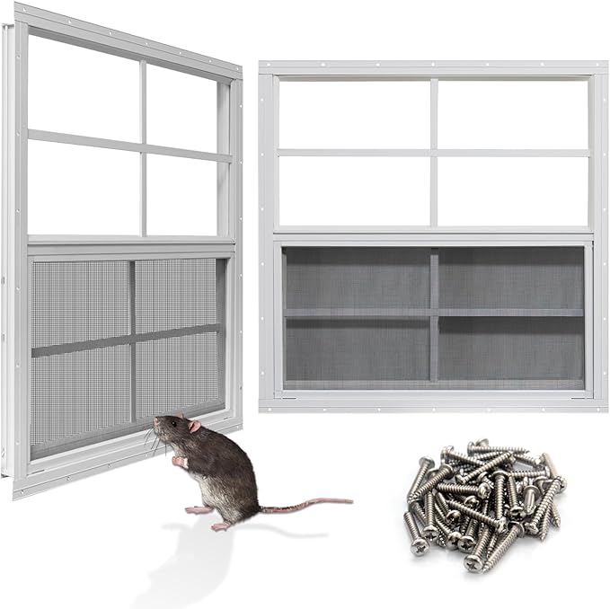 NeatiEase Upgraded Shed Windows 2 Pack, 24" x 24" Windows with Tempered Glass and Stainless Steel Screen for Shed, Chicken Coop, Playhouse, Household, Garage(White)