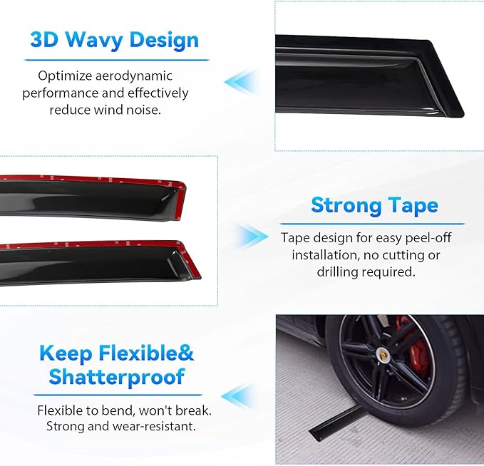 4pcs Front+Rear Smoke Tint Sun/Rain Guard Outside Mount Tape-On Vent Window Visors Compatible with 2016-2024 Chevy Malibu