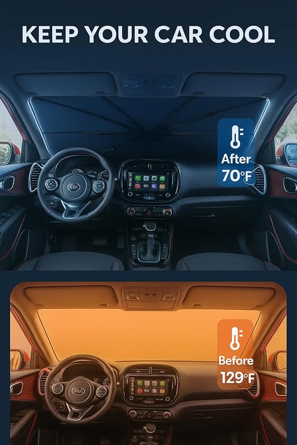 Proadsy Windshield Sun Shade Umbrella for Kia Soul 2020-2025 2026 Foldable Car Umbrella Sunshade with Soft TPU Handle Spring Structure Crystal Cooling Material Protect Car from Rays & Heat