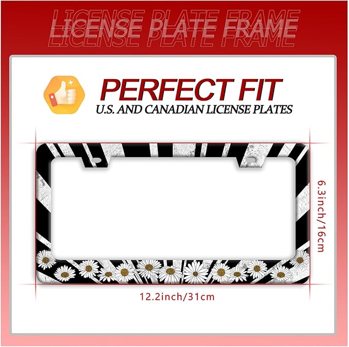 Sun License Plate Frame Black White Daisy Flowers License Plate Frames Funny Auto Accessories Bracket Stainless Steel License Plate with Screw 6x12 Inch