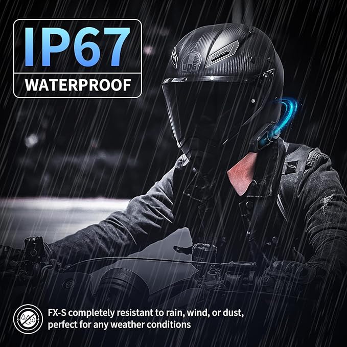 Fodsports FX-S Motorcycle Bluetooth Headset V5.4, 2-Way Helmet Intercom Communication System with IP67 Waterproof, CVC Noise Cancellation, Hands-Free Music/Call, 2 Type Mics, Black, 1 Pack