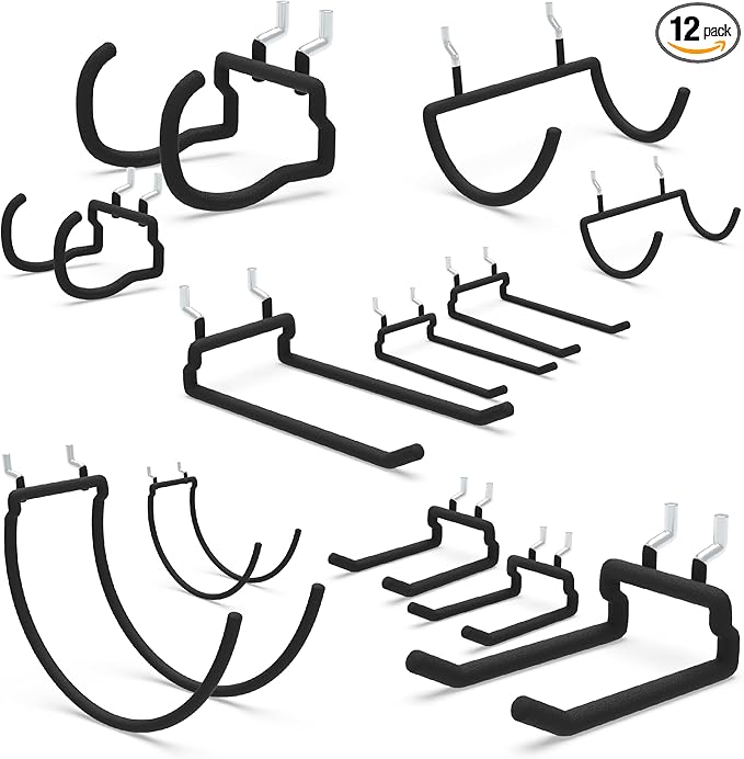 Heavy Duty Pegboard Hooks 12PC - Black Peg Board Hooks for Hanging Tools, Drill Holder, Only Fits 1/4" Peg Board, Ideal for garages, workshops, Craft Rooms, Retail Stores
