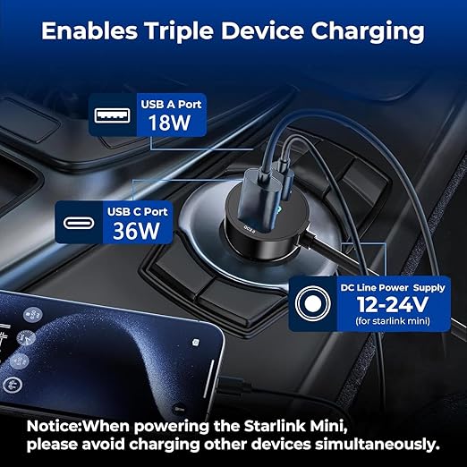 3 in 1 Starlink Mini Cable 10FT, Starlink Mini Car Charger DC Power Cable+Cigarette Lighter Adapter 12V-48V with Digital Display, Durable USB C PD 36W/USB A 18W Ports for Trucks and Cars