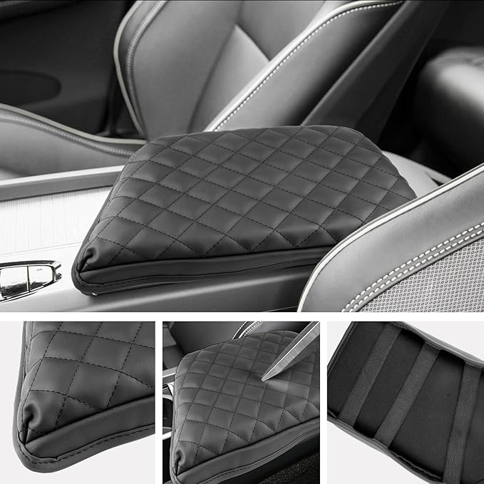 SXCY for 2025 Volvo XC60 Armrest Cover [Add Pad] for Volvo XC60 2018-2025 Accessories 2025 XC60 Center Console Cover 2025 XC60 Middle Console Cover (Black Checkered Pad)