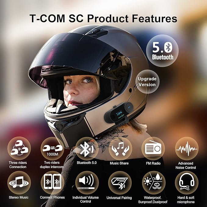 FreedConn TCOM SC Motorcycle Helmet Bluetooth Headset, Motorcycle Communication Systems with LCD Screen, CVC Noise Cancellation, Stereo Music, 3 Riders 0.5mi/800m 12Hrs Intercom, IP65, 1 Pack