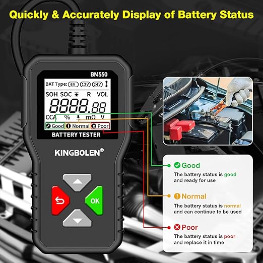 KINGBOLEN BM550 6V 12V 24V Car Battery Tester, 100-2000 CCA Voltage Tester 2Ah-220Ah Internal Resistance Tester Accurate Digital Auto Battery Analyzer for Cars Trucks SUV ATV Boats Motorcycles Vehicle