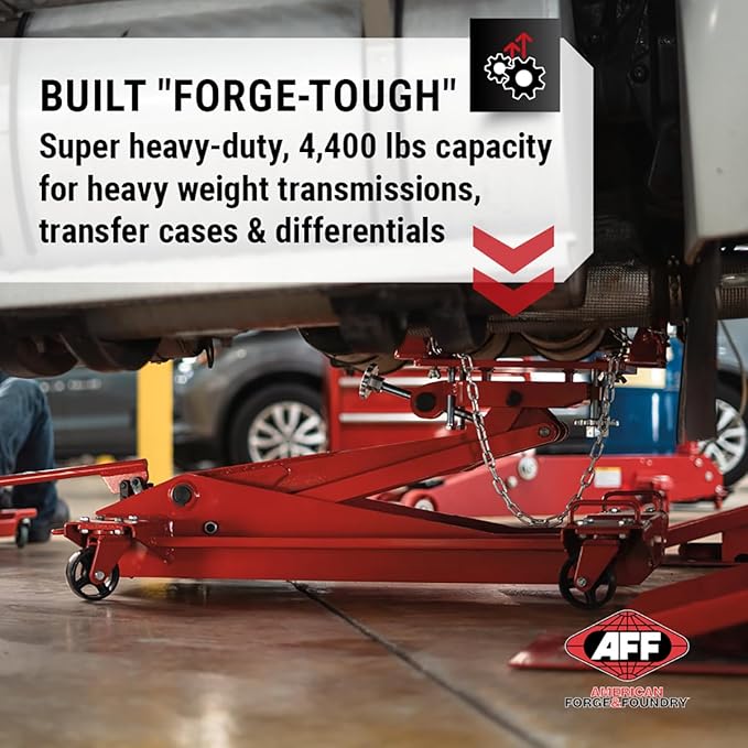 AFF Low Profile Manual Hydraulic Transmission Jack - Heavy Duty Steel Body, Adjustable Saddle with Safety Chain & 360 Handle - For Transmissions, Transfer Cases & Differentials (Multiple Capacities)