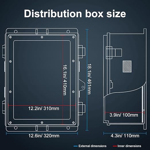 Outdoor Electrical Junction Box with High Power Outlet, ABS Water Resistant Enclosure with Internal Mounting Panel & Hinged Cover. (18.1" H* 12.6" L* 4.3" W & Outlet)