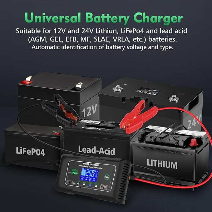 25 Amp Lithium Battery Charger, 12V and 24V Lifepo4,Lead-Acid(AGM/Gel/SLA..) Battery Charger,Battery Maintainer, Trickle Charger, and Battery Desulfator for Car,Boat,Motorcycle, Lawn Mower.