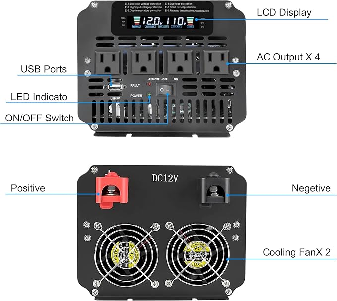 4000 Watt Power Inverter, Car Inverter 12V DC to 110V/120V AC Converter with LCD Display, 4 AC Outlets, USB Port & Remote Controller for RV, Truck, Off-Grid Solar System