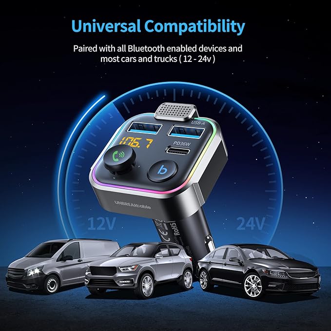 UNBREAKcable Bluetooth FM Transmitter for Car, PD 38W Fast Charging, Wireless Bluetooth FM Radio Adapter, Car Kit with Hands-Free Calls, HiFi Bass Boost MP3 Music Player Support USB Drive