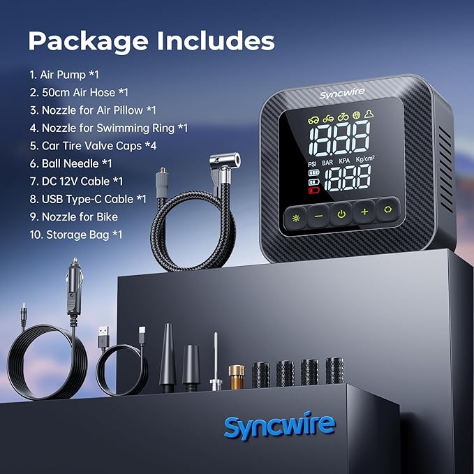 Syncwire Tire Inflator Portable Air Compressor 150PSI Air Pump for Car Tires [3X Faster] Inflation Electric Smart Tire Pump with Extra-Large LCD Dual Value Display [Free Car Tire Valve Caps], Auto-Off