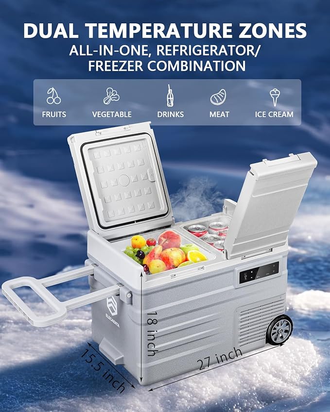 ELECAENTA 12 Volt Refrigerator, 43qt Dual Zone Car Fridge, Portable Freezer -4℉~68℉, Support DC/AC/Solar (Detachable Battery Optional), Electric Cooler for Camping Travel Fishing Road Trips