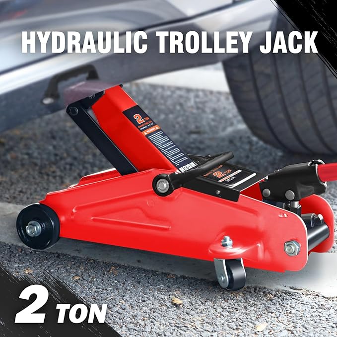 DNA MOTORING Floor Jack 2 Ton (4000 lbs) Capacity, Fast Lift Low Profile Hydraulic Trolley Jack, Steel Heavy-Duty Service Car Jack, Lifting Range 5.1"-13", Red, TOOLS-00234-RD