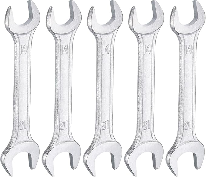 HARFINGTON 5pcs Double Open End Wrench 14mm x 15mm Metric 15 Degree Offset Angle Small Flat Head Wrench Galvanizing Open Ended Spanner for Automotive Repair Furniture Assembly