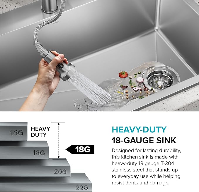 KRAUS Fairlane 25-inch Drop In/Top Mount Single Bowl 18-Gauge Stainless Steel Kitchen Sink, KHT641-25