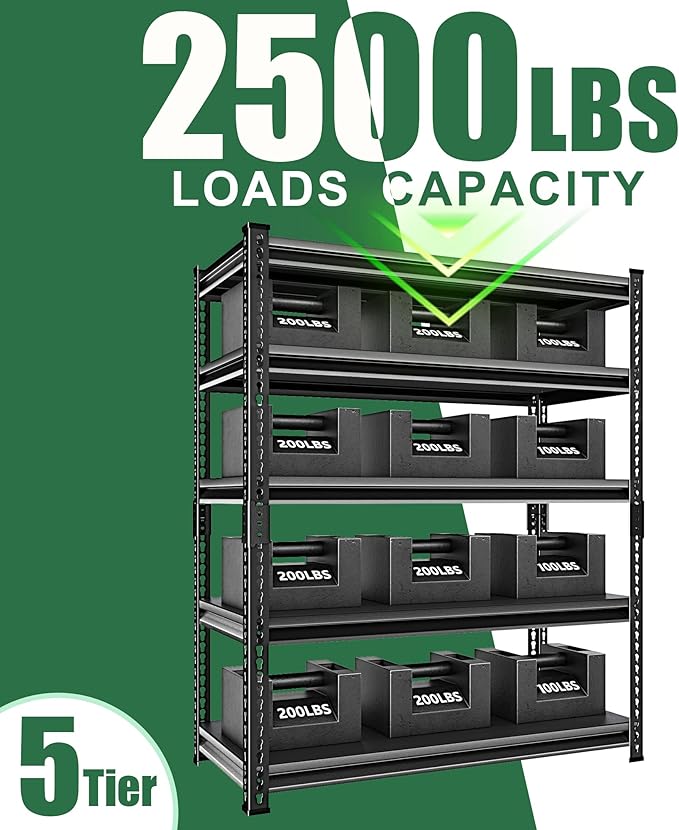 48" W Garage Shelving Heavy Duty，2500LBS Loads Adjustable Garage Storage Shelves, 5-Tier Metal Shelving Units and Storage Racks Heavy Duty, 48”W x 18”D x 78”H，Black…