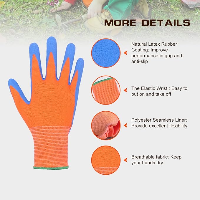 HANDLANDY 3 Pairs Kids Gardening Gloves Latex Free, Nitrile Coated Children Toddler Garden Yard Work Gloves for Little Girls Boys (Size S, Black-Orange)