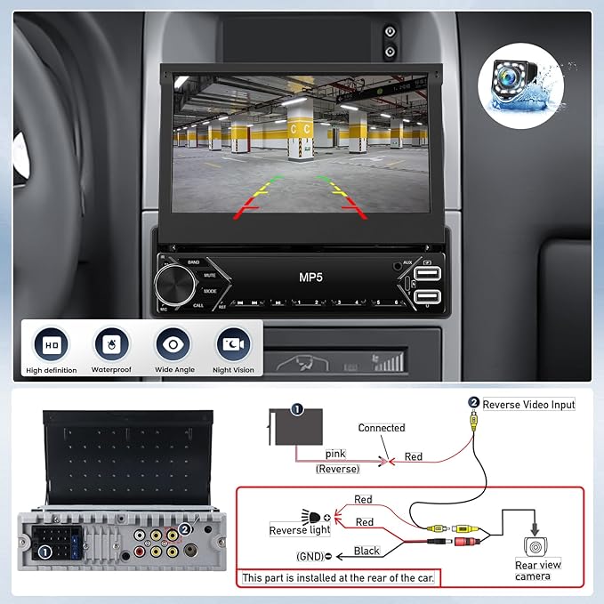 Single Din Touchscreen Car Stereo with Wireless Carplay&Android Auto,7 Inch Car Radio Flip Out MP5 Play with BT FM Radio EQ Mirror Link Car Audio with USB/TF/AUX-in SWC+Backup Camera+Microphone