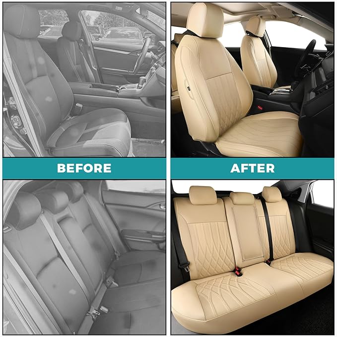 Seat Covers for Honda Civic Sedan EX-L, EX-T, EX, Touring, LX-P, Sport 2016 2017 2018 2019 2020 2021, Faux Leather Car Seats Cover Full Set(Rear Row 40/60 Split & Folding Backrest)-Beige