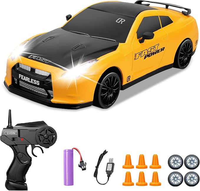 RC Drift Car 1/24 2.4GHz 4WD Remote Control Car, High Speed Drifting RC Cars with LED Lights, Rechargeable Batteries and Drift Tires Racing Toy Cars for Kids (Yellow)