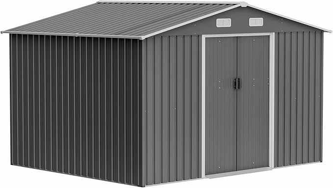 10X8 FT Outdoor Metal Storage Shed with Lockable Door & Floor Frame, Heavy-Duty Garden Tool Shed, Weatherproof Steel Utility Shed for Backyard, Patio, or Lawn Organization