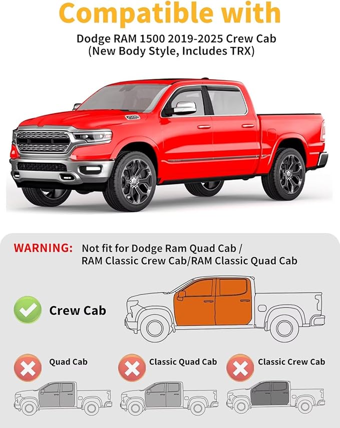 in-Channel Window Rain Guards Fit for Truck Dodge RAM 1500 (New Body Style Includes TRX) 2019-2025 Crew Cab Extra Durable Window Visors Window Deflectors Vent Shades Car Accessories-4 pcs