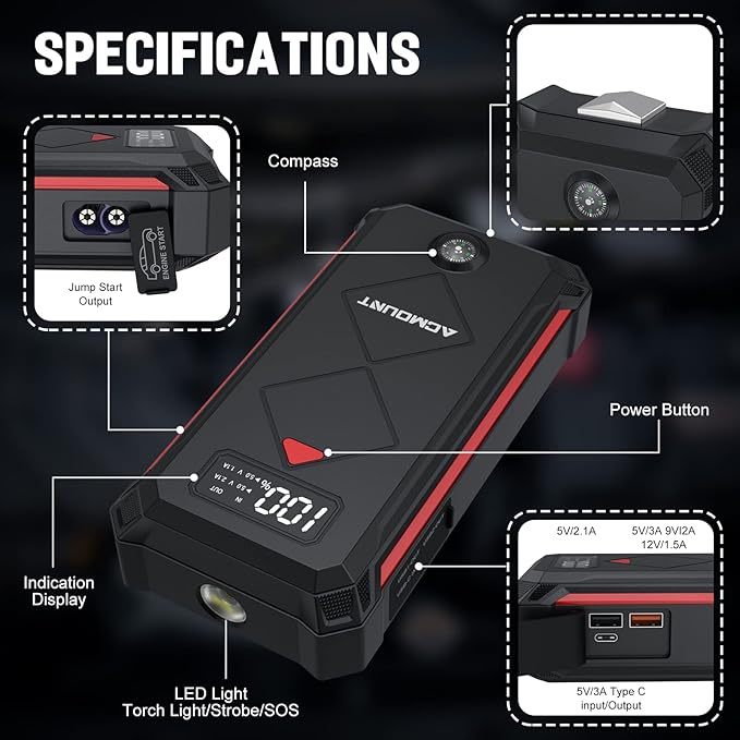 P100 Car Jump Starter, 5000A Peak Lithium Jump Starter Battery Pack for Up to 10.0L Gas or 8.0L Diesel Engine, Safe 12V Portable Battery Starter Power Pack with LED Screen & LED Light