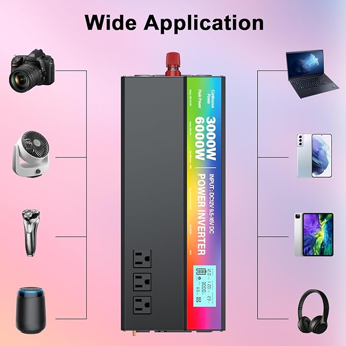 New Upgraded 3000 Watt Power Inverter,12V DC to 110V/120V AC Converter,6000W Peak Power with 3 AC Outlets,3.4A USB Port,LED Display Car Inverter for Vehicles,Truck,RV,Outdoor Activities,Solar System
