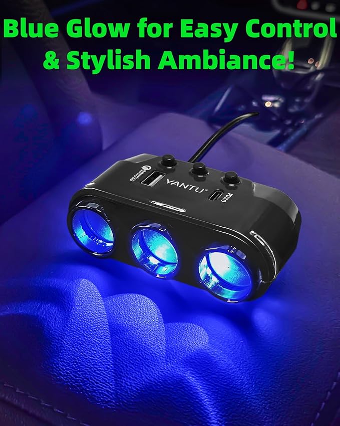 YANTU QC3.0&PD 40W Cigarette Lighter Adapter, 3-Socket 140W Car Cigarette Lighter Splitter with 12v Usb Outlet,Car Charger Adapter with Double/Dual/Usb C Charger Multi Port/Plug Outlet for Car Devices