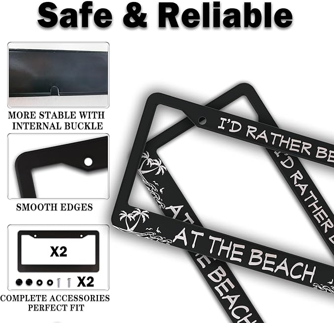 License Plate Frames Black and White License Plate Covers I'd Rather Be at The Beach Aluminum Metal Car Accessory 2 Pack with Screw Covers Set