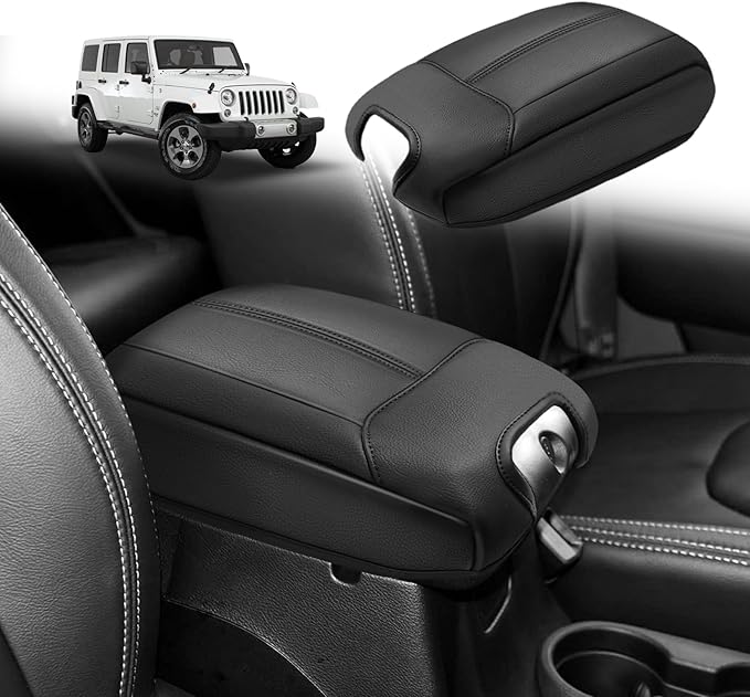Muslogy Center Console Armrest Cover Compatible with Jeep Wrangler JK JKU 2011-2017 Comfort Armrest Pad Arm Rest Cushion Vegan Leather Protector Black Regular Thick