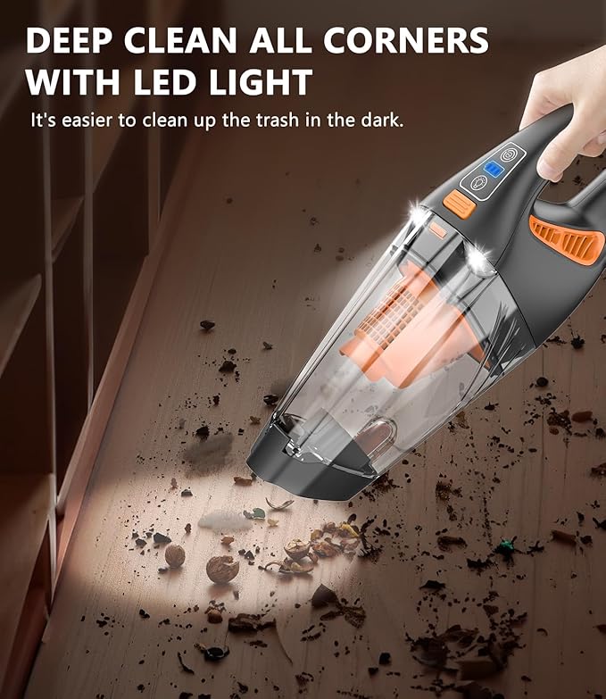 Handheld Vacuum Cordless, 18000Pa 160W Hand,30Min Car Vacuum Portable Cordless Rechargeable High Power Lightweight LED Light Fast Charge Vacuum Cleaner for Car Home