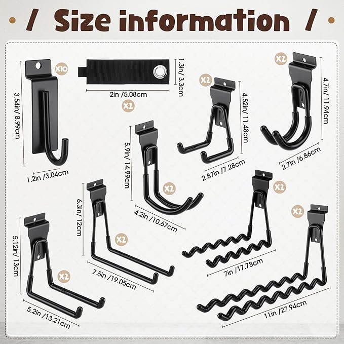Landhoow 26 Pack Slatwall Accessories, 24 Pcs Multi Size Heavy Duty Slat Wall Hanging Hooks & Hangers with 2 Pcs Storage Straps for Storage Garage Wall Organization Garden Home Slatwall Paneling