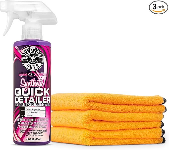 Chemical Guys WAC21116 Synthetic Quick Detailer, Extreme Slick Polymer Detailer 16 fl oz with MIC_506_03 Professional Grade Premium Microfiber Towels, Gold 16" x 16", Pack of 3