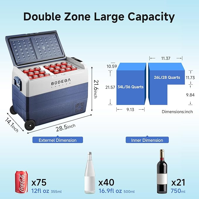 BODEGACOOLER 12 Volt Portable Refrigerator,64 Quart Car Fridge Dual Zone -4℉-68℉,60L Car Freezer APP Control,Electric Compressor Cooler 12/24V DC and 100-240V AC for RV,Camping,Travel,Truck,Vehicles