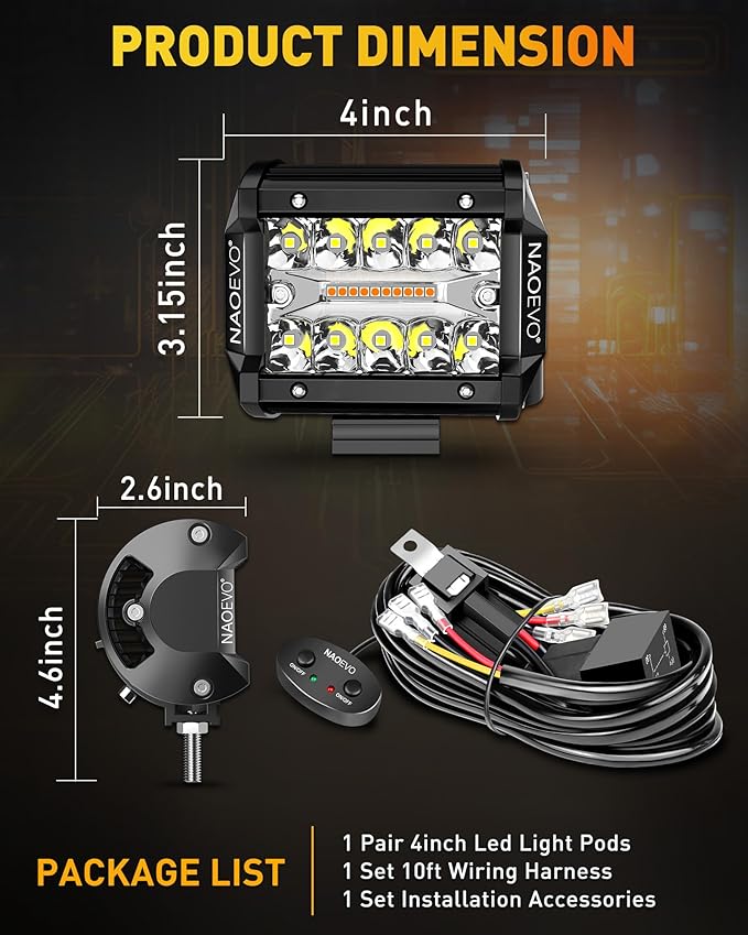 NAOEVO 4 Inch LED Pod Lights, Spot Flood LED Fog/Driving/Off Road Lights with 2 Leads Wiring Harness, Cube Pods for Truck Boat ATV UTV, 2 Pcs (White/Amber/White&Amber)