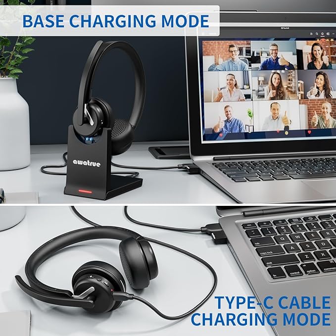Wireless Headset with Mic for Work, Bluetooth 5.3 Headset with AI Noise Cancelling Microphone & Call Reminder, Wireless Headphone with Voice Assistant for PC/Computer/Remote Work/Call Center/Zoom