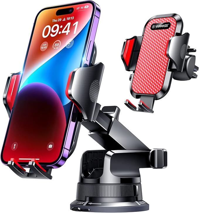VANMASS [Pro Version] Universal Car Phone Mount [Super Suction Cup] Dashboard Phone Holder, Handsfree Windshield Dash Vent Phone Holder Car, Compatible for iPhone 16 15 14 13 Samsung LG & Truck,Red