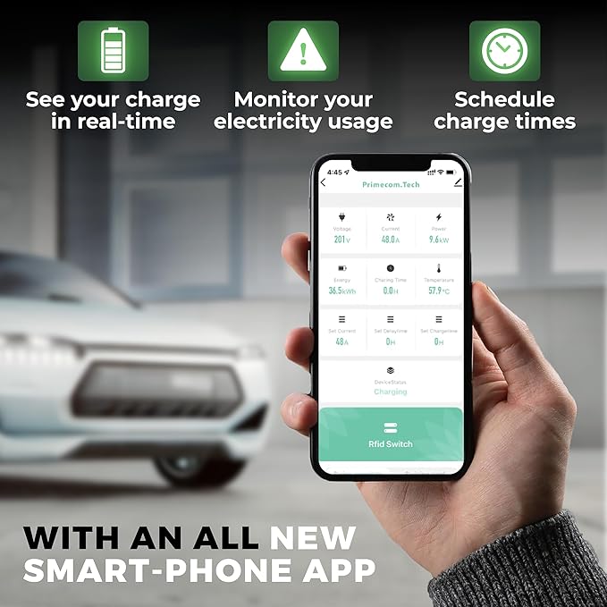 PRIMECOM 80 Amp 22KW 220Volt Level-2 18ft to 50ft Cord Lengths 20X Fast Smart Electric Vehicle EV Charging Station Ford Transit F-150 Lightning Lucid Air Polestar TeslaXS Taycan (25 Feet)