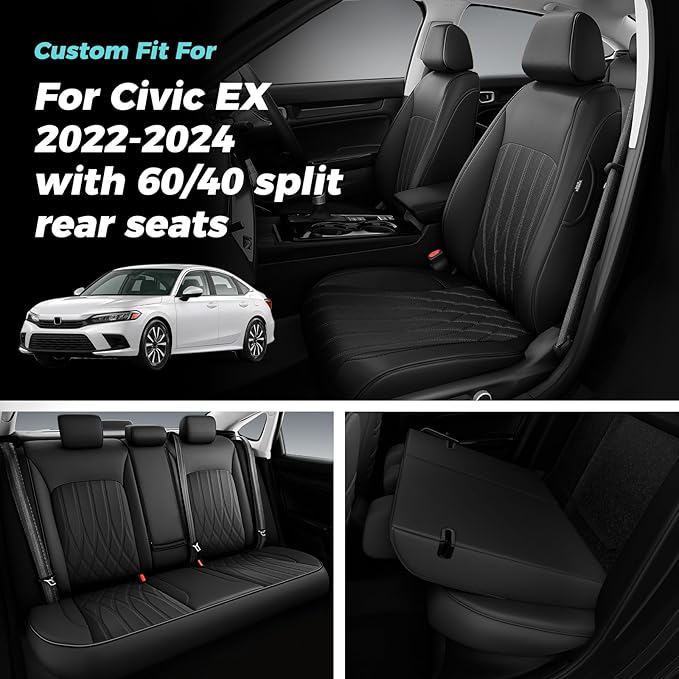 Seat Covers for Honda Civic Sedan 4DR Sedan EX 2022 2023 2024 2025.Faux Leather Car Seats Cover Full Set (Rear Row 40/60 Split & Folding Backrest)-Black